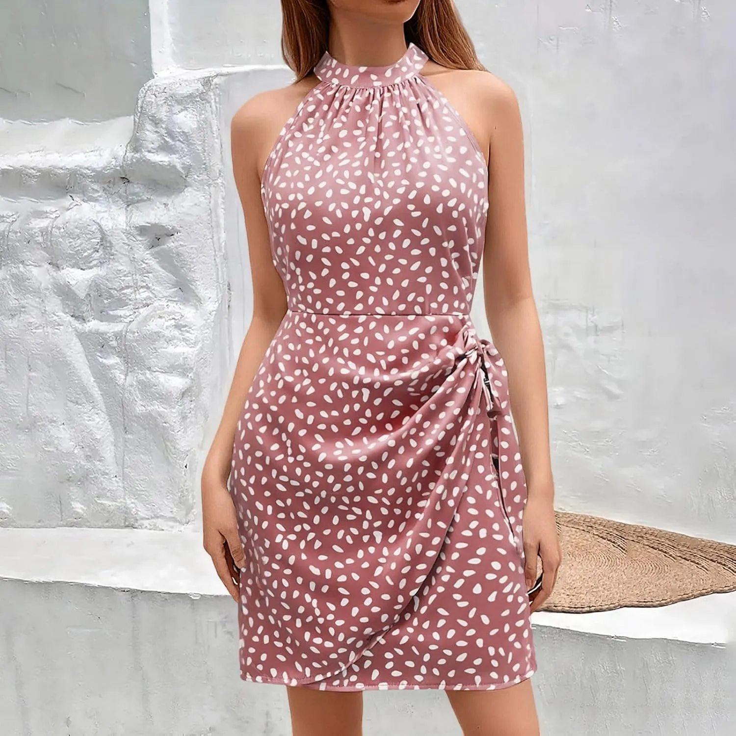 Women's Dot Print Halter Dress 2025 Spring Summer Tie Waist Casual Dresses Zipper Back Elegant Wedding Guest Clothes