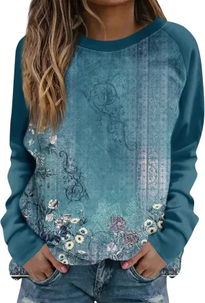 Womens Fall Fashion 2024 Floral Print Crewneck Vintage Sweatshirts Long Sleeve Plus Size Loose Fit Sweater Clothing