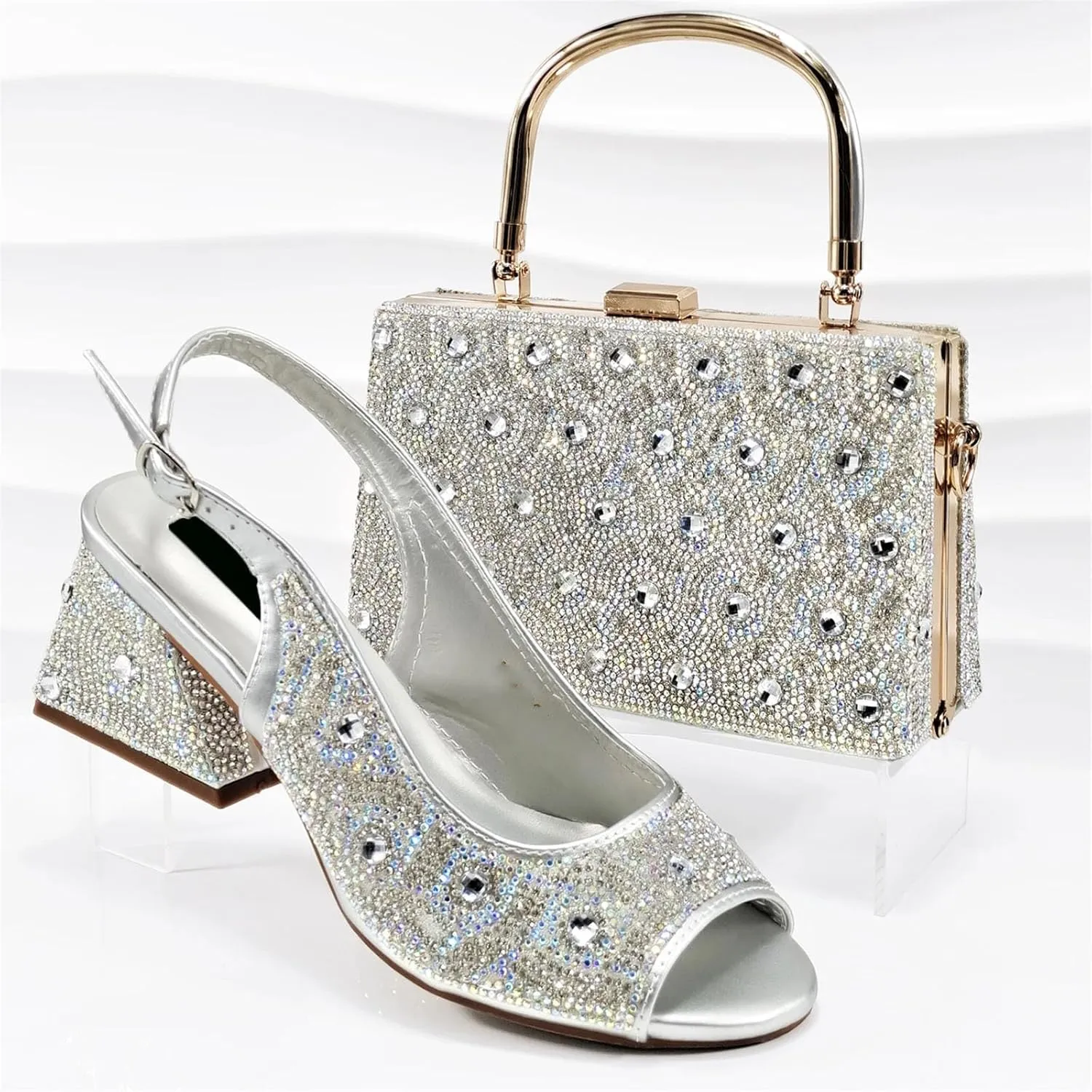 Womens Italian Wedding Shoes Set 2025 Bridal Pumps and Matching Bag Rhinestone Party Evening Clutch Purse Bag