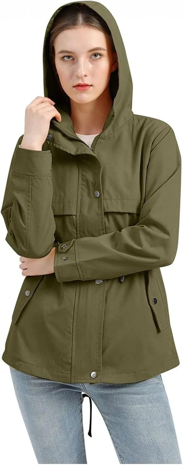 Women's Ligtweight Jackets Anorak Utility Drawstring Waist Hoodie Zip Up Fall Casual Trench Coat with Pockets