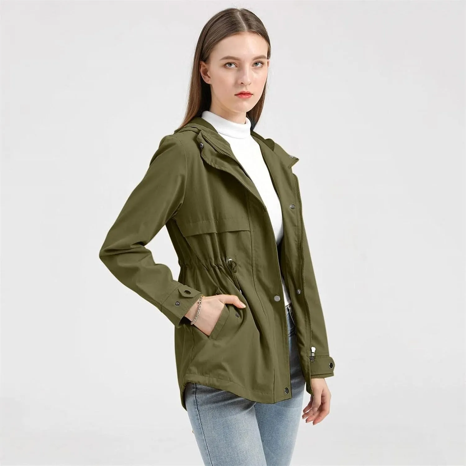 Women's Ligtweight Jackets Anorak Utility Drawstring Waist Hoodie Zip Up Fall Casual Trench Coat with Pockets