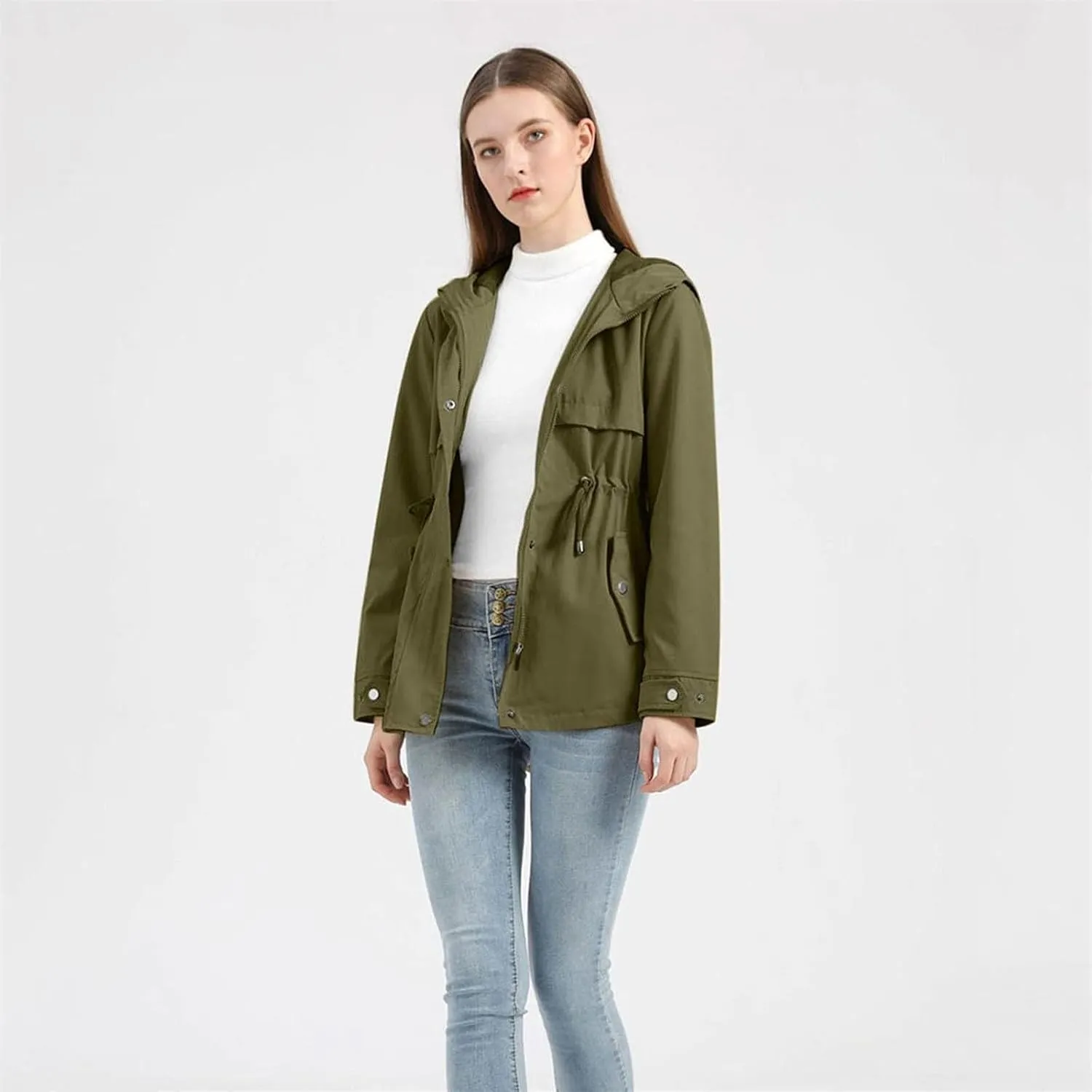 Women's Ligtweight Jackets Anorak Utility Drawstring Waist Hoodie Zip Up Fall Casual Trench Coat with Pockets