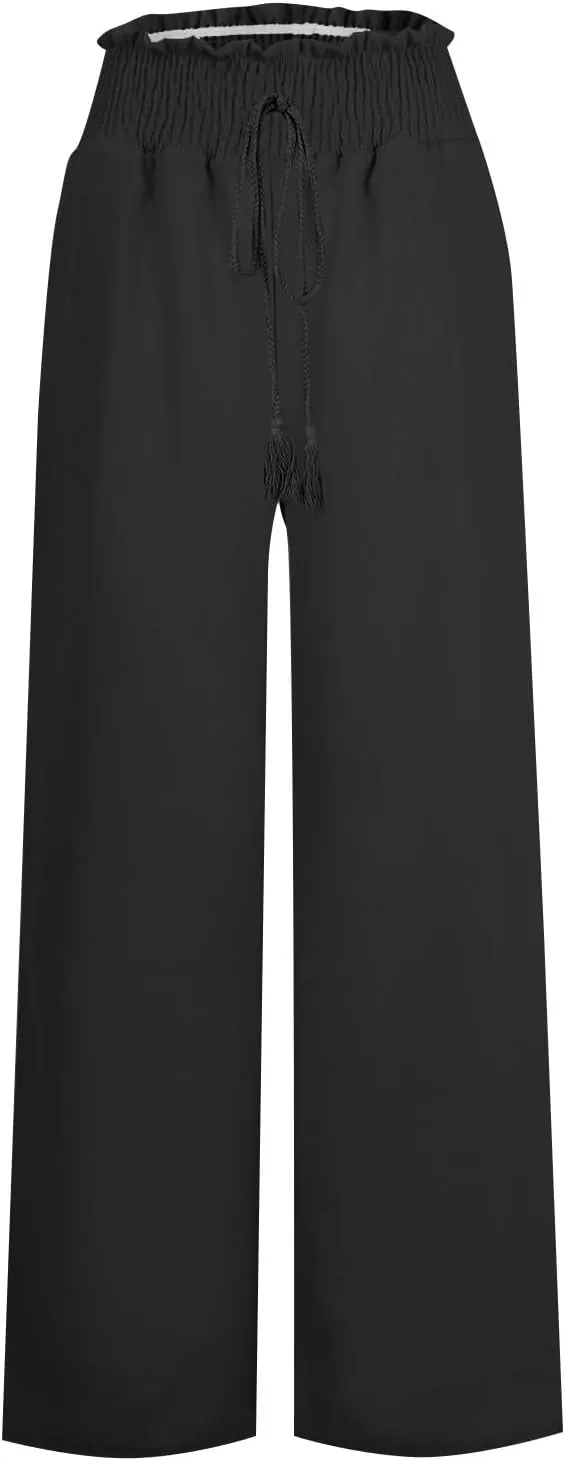 Womens Linen Palazzo Pants High Waist Drawstring Flowy Lounge 2025 Summer Casual Loose Beach Trousers with Pockets