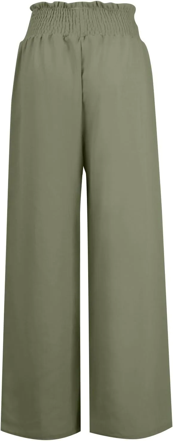 Womens Linen Palazzo Pants High Waist Drawstring Flowy Lounge 2025 Summer Casual Loose Beach Trousers with Pockets
