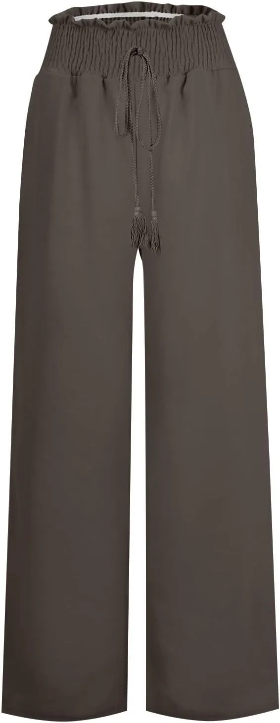 Womens Linen Palazzo Pants High Waist Drawstring Flowy Lounge 2025 Summer Casual Loose Beach Trousers with Pockets