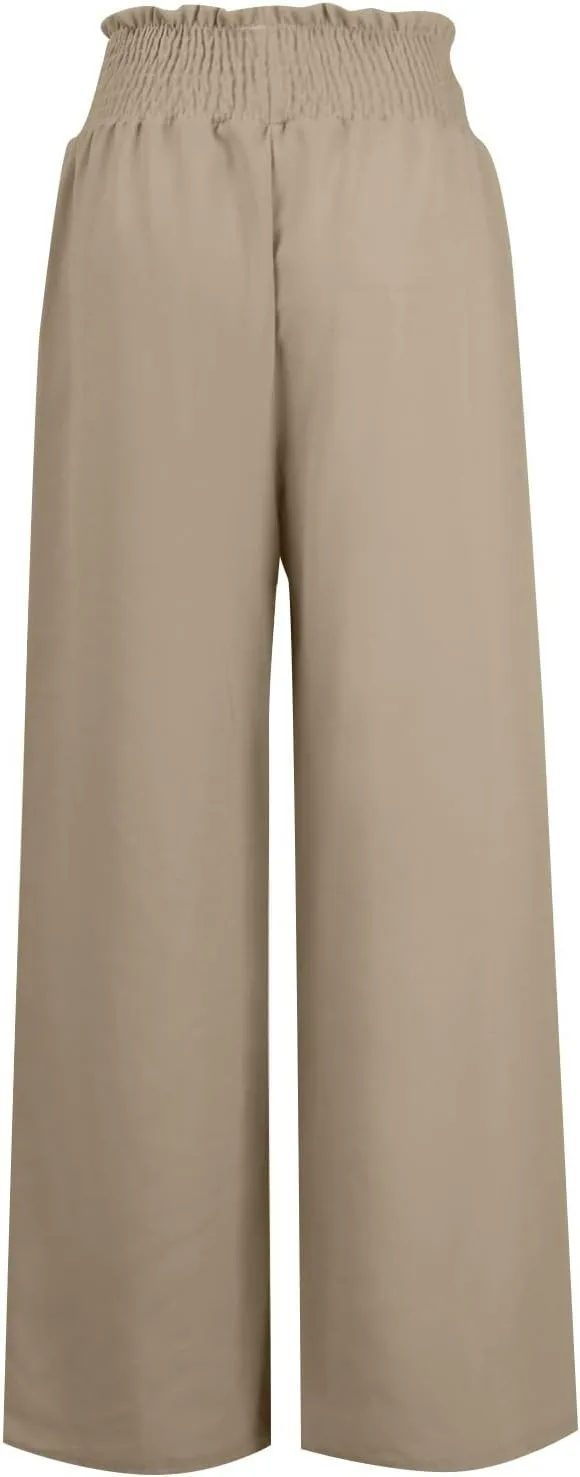 Womens Linen Palazzo Pants High Waist Drawstring Flowy Lounge 2025 Summer Casual Loose Beach Trousers with Pockets