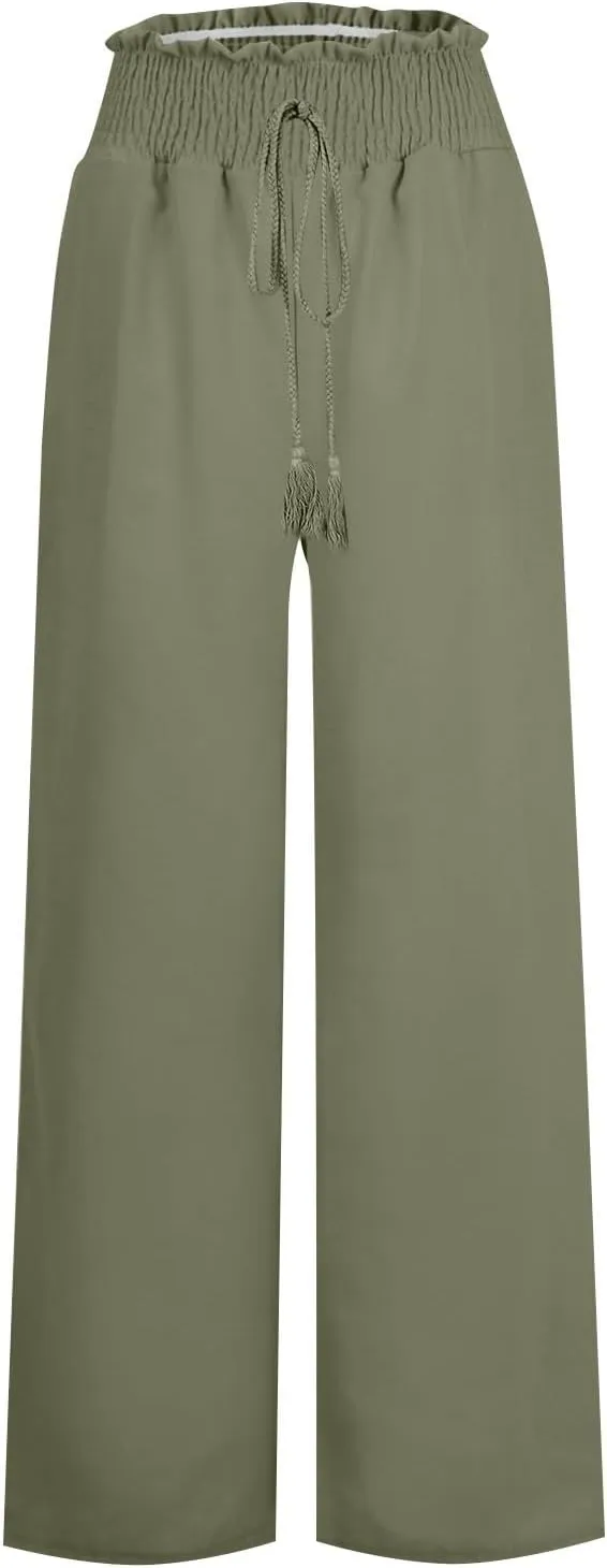 Womens Linen Palazzo Pants High Waist Drawstring Flowy Lounge 2025 Summer Casual Loose Beach Trousers with Pockets