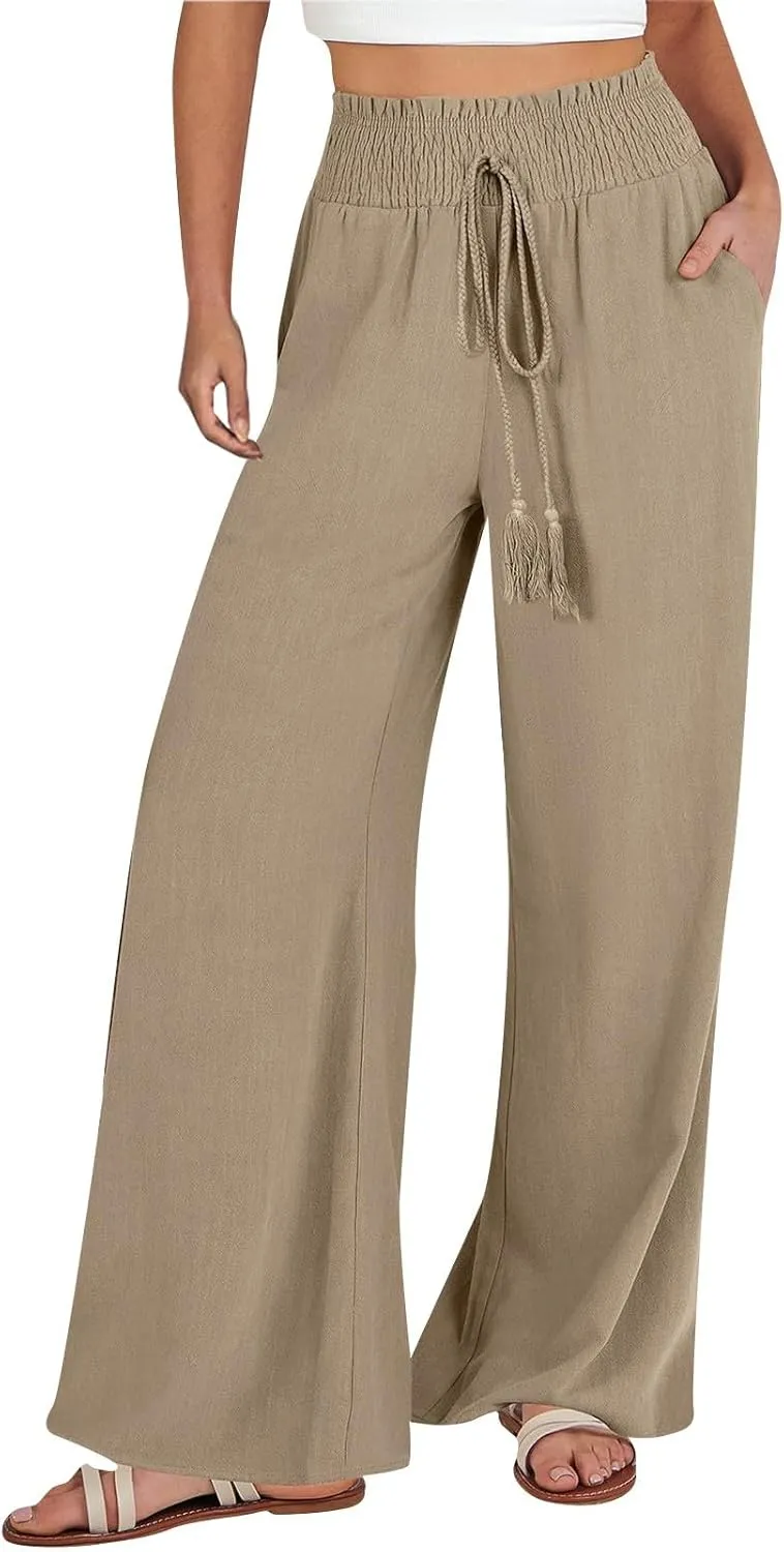 Womens Linen Palazzo Pants High Waist Drawstring Flowy Lounge 2025 Summer Casual Loose Beach Trousers with Pockets