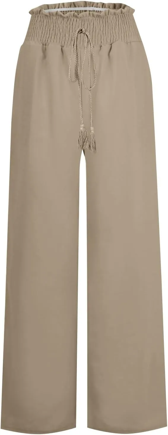 Womens Linen Palazzo Pants High Waist Drawstring Flowy Lounge 2025 Summer Casual Loose Beach Trousers with Pockets