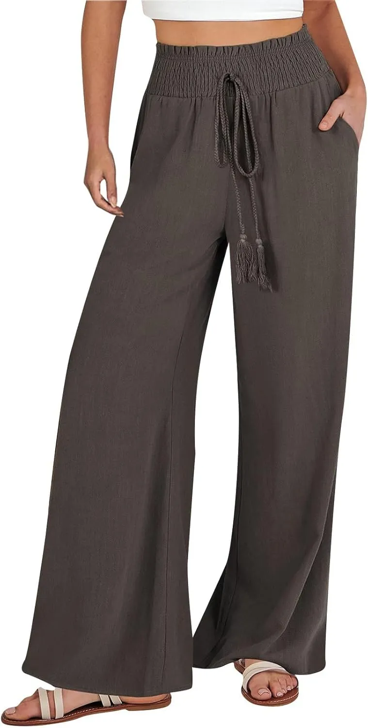 Womens Linen Palazzo Pants High Waist Drawstring Flowy Lounge 2025 Summer Casual Loose Beach Trousers with Pockets