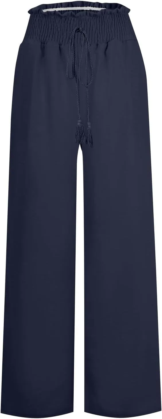 Womens Linen Palazzo Pants High Waist Drawstring Flowy Lounge 2025 Summer Casual Loose Beach Trousers with Pockets