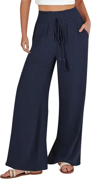 Womens Linen Palazzo Pants High Waist Drawstring Flowy Lounge 2025 Summer Casual Loose Beach Trousers with Pockets