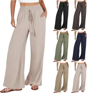 Womens Linen Palazzo Pants High Waist Drawstring Flowy Lounge 2025 Summer Casual Loose Beach Trousers with Pockets