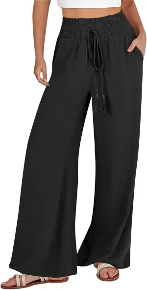 Womens Linen Palazzo Pants High Waist Drawstring Flowy Lounge 2025 Summer Casual Loose Beach Trousers with Pockets