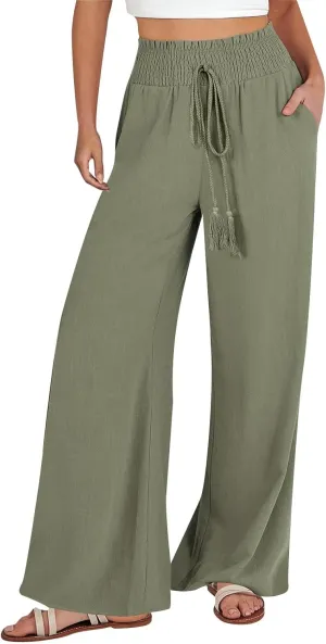 Womens Linen Palazzo Pants High Waist Drawstring Flowy Lounge 2025 Summer Casual Loose Beach Trousers with Pockets