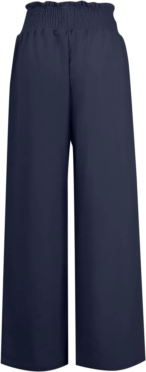 Womens Linen Palazzo Pants High Waist Drawstring Flowy Lounge 2025 Summer Casual Loose Beach Trousers with Pockets
