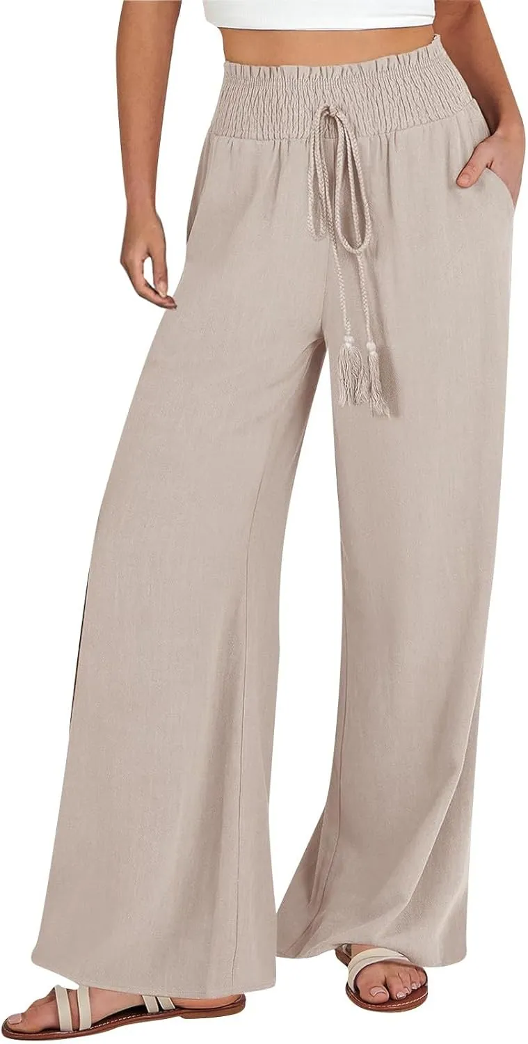 Womens Linen Palazzo Pants High Waist Drawstring Flowy Lounge 2025 Summer Casual Loose Beach Trousers with Pockets