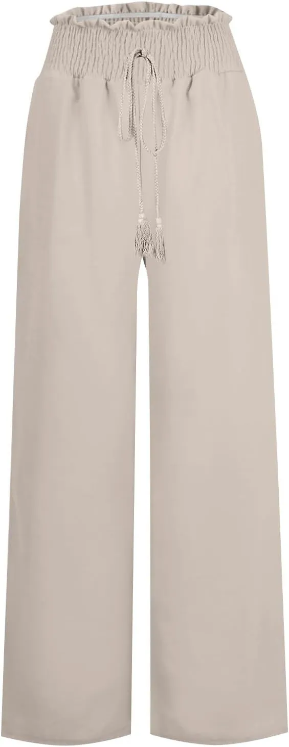 Womens Linen Palazzo Pants High Waist Drawstring Flowy Lounge 2025 Summer Casual Loose Beach Trousers with Pockets