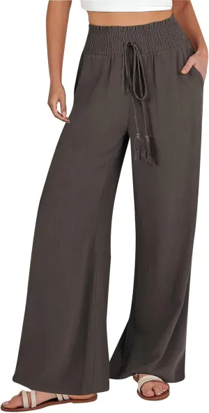 Womens Linen Palazzo Pants High Waist Drawstring Flowy Lounge 2025 Summer Casual Loose Beach Trousers with Pockets