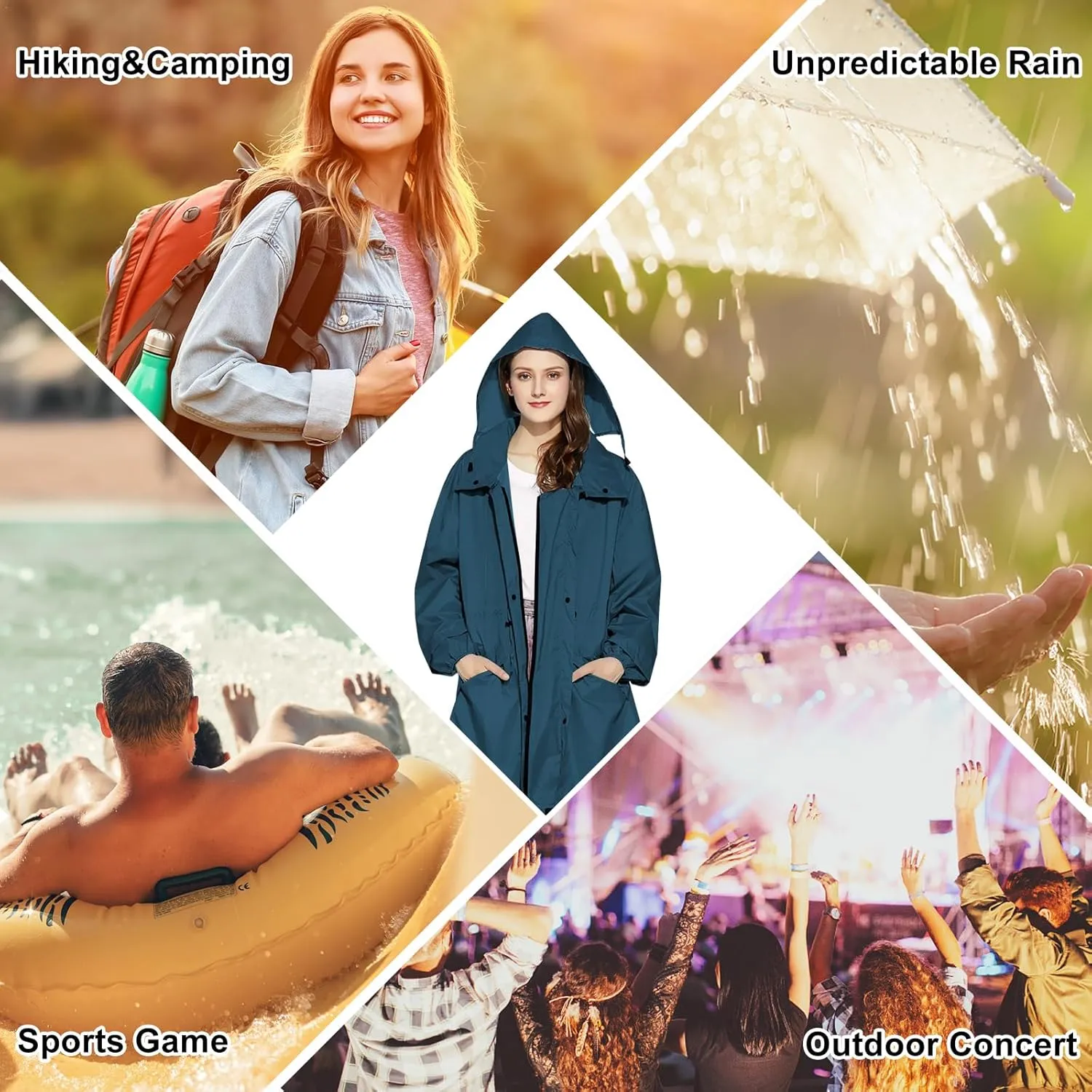 Womens Long Raincoats Waterproof Rain Jacket Lightweight Breathable Hooded Windbreaker