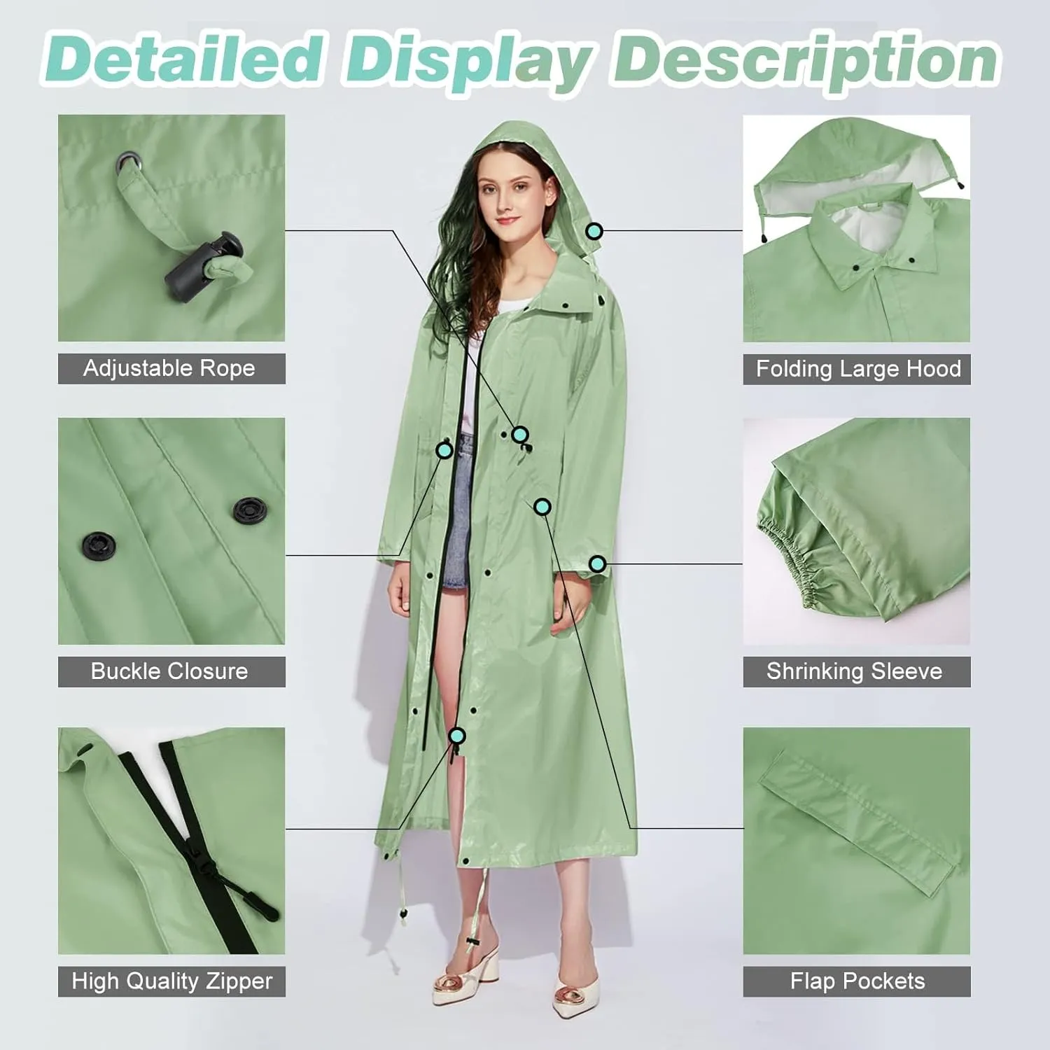 Womens Long Raincoats Waterproof Rain Jacket Lightweight Breathable Hooded Windbreaker