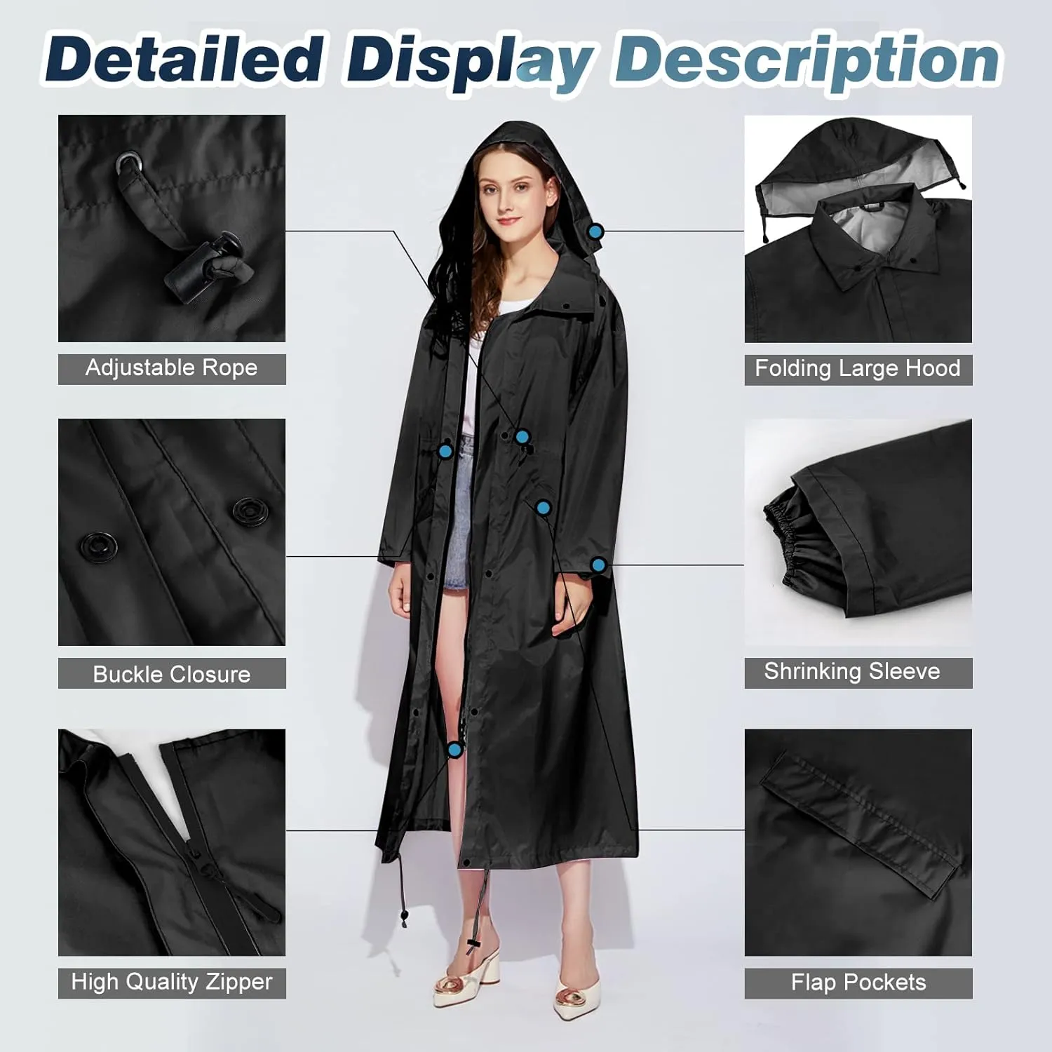Womens Long Raincoats Waterproof Rain Jacket Lightweight Breathable Hooded Windbreaker