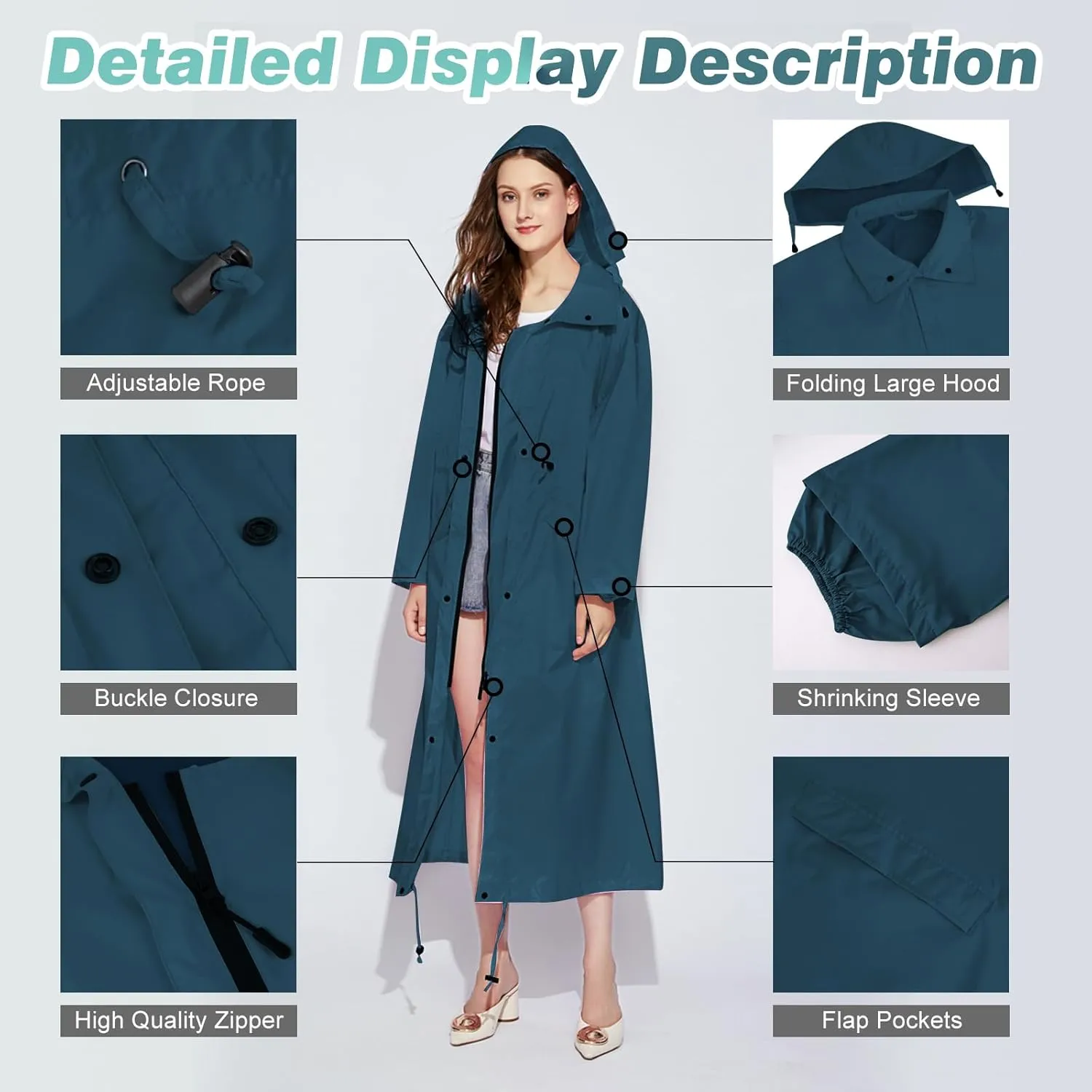 Womens Long Raincoats Waterproof Rain Jacket Lightweight Breathable Hooded Windbreaker