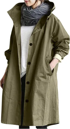 Womens Long Trench Coat Fall/Winter Loose Rain Jackets Plus Size Outdoor Hooded Windbreaker Overcoat with Pockets