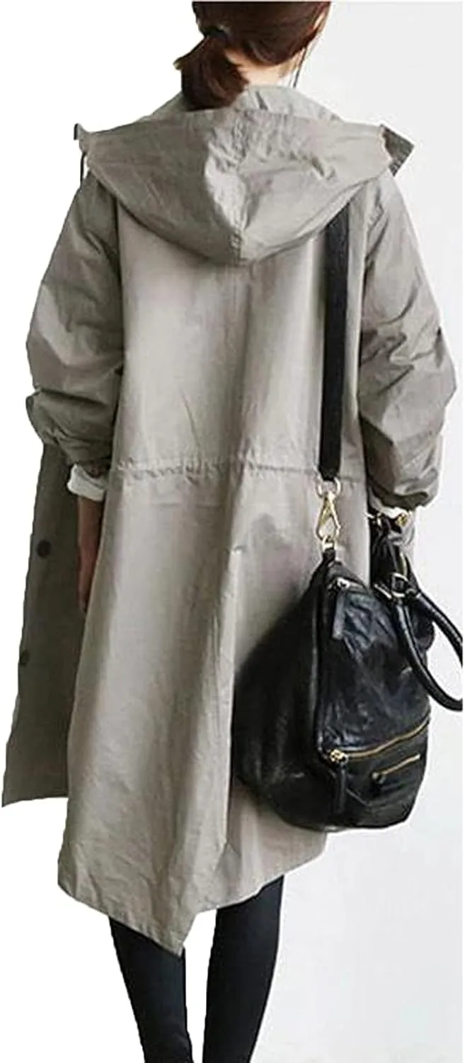 Womens Long Trench Coat Fall/Winter Loose Rain Jackets Plus Size Outdoor Hooded Windbreaker Overcoat with Pockets