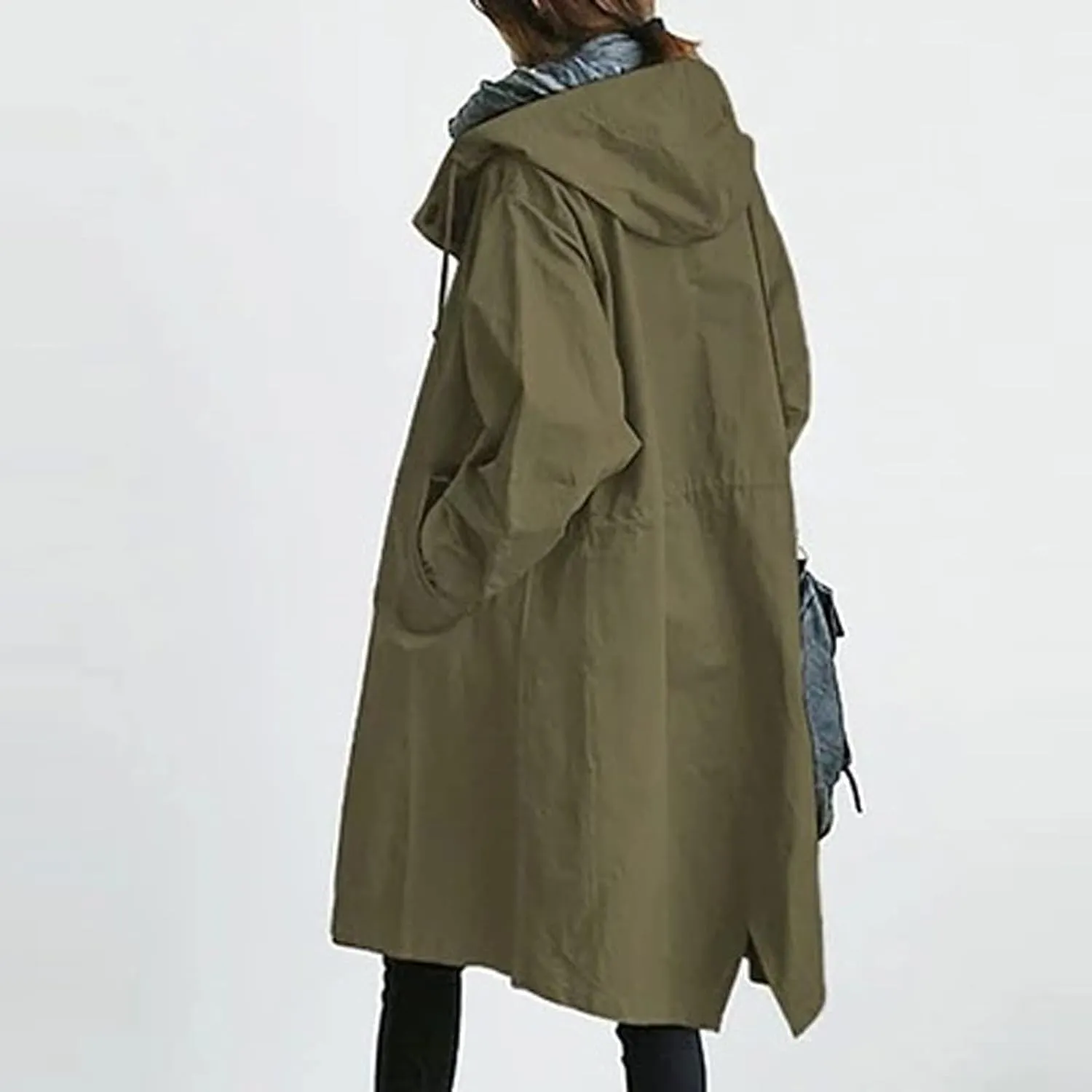 Womens Long Trench Coat Fall/Winter Loose Rain Jackets Plus Size Outdoor Hooded Windbreaker Overcoat with Pockets