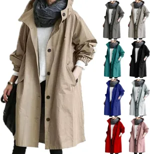 Womens Long Trench Coat Fall/Winter Loose Rain Jackets Plus Size Outdoor Hooded Windbreaker Overcoat with Pockets