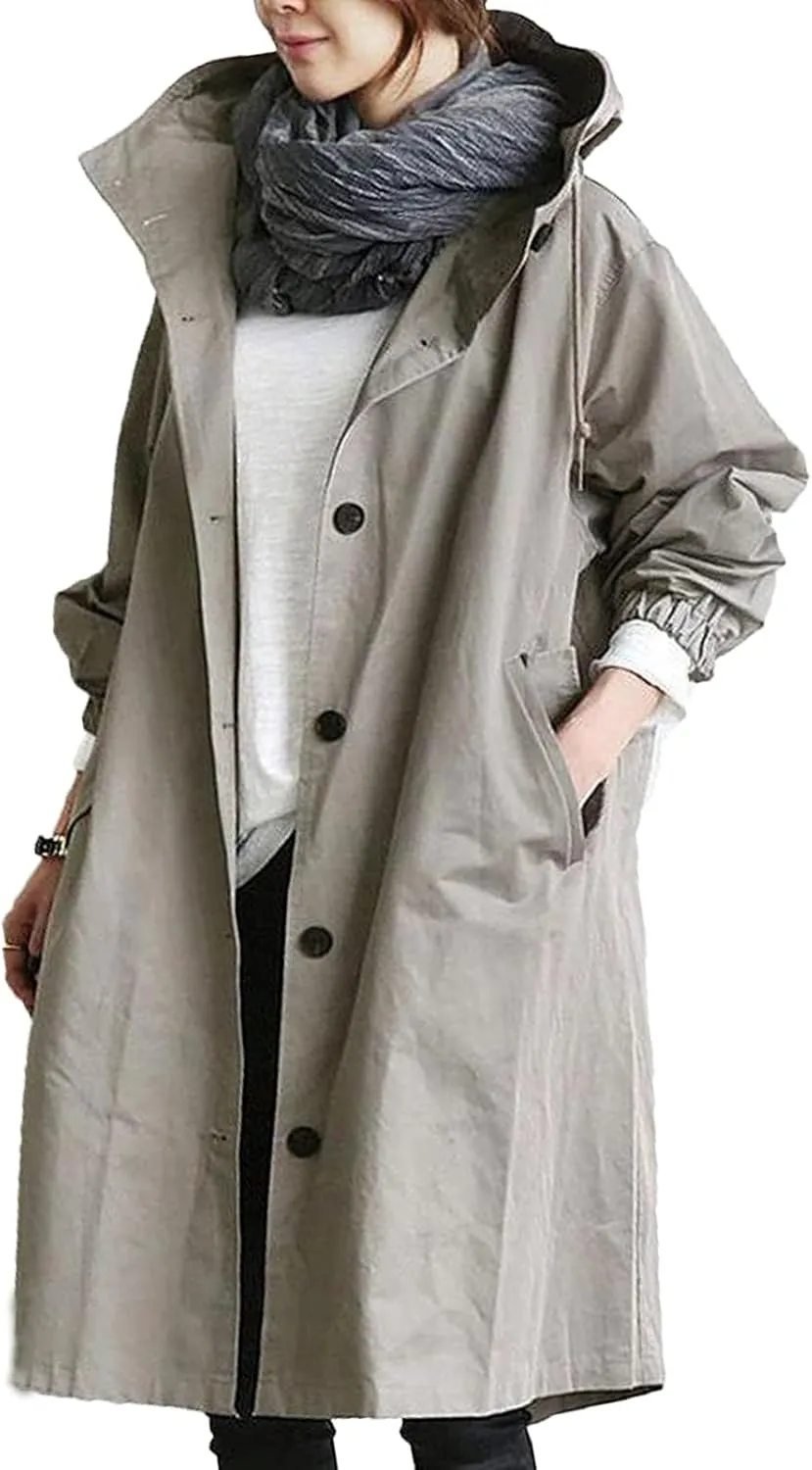 Womens Long Trench Coat Fall/Winter Loose Rain Jackets Plus Size Outdoor Hooded Windbreaker Overcoat with Pockets