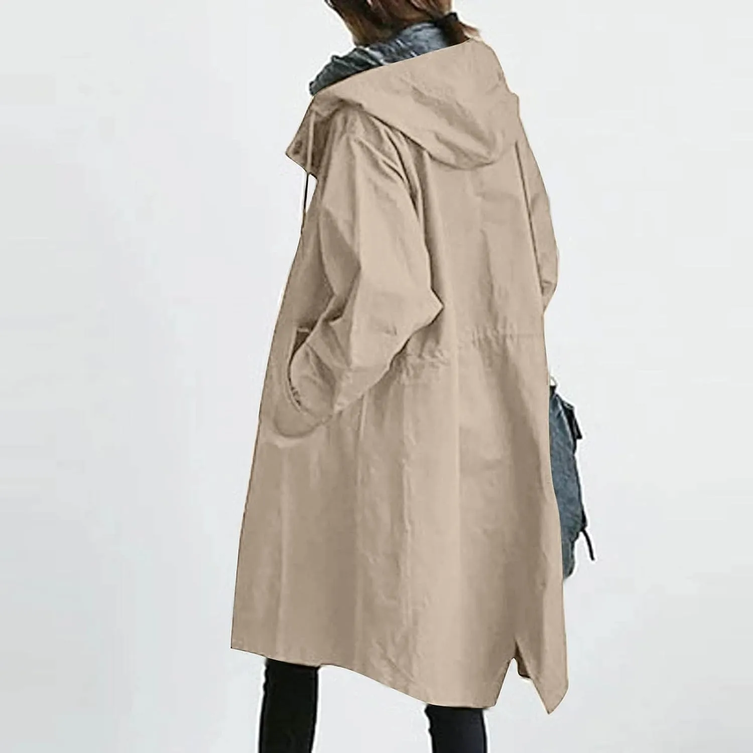 Womens Long Trench Coat Fall/Winter Loose Rain Jackets Plus Size Outdoor Hooded Windbreaker Overcoat with Pockets