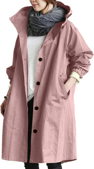 Womens Long Trench Coat Fall/Winter Loose Rain Jackets Plus Size Outdoor Hooded Windbreaker Overcoat with Pockets