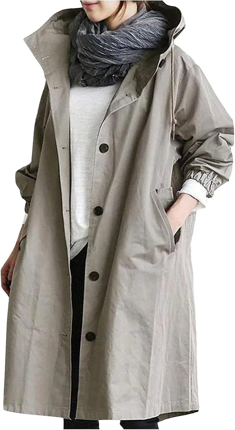 Womens Long Trench Coat Fall/Winter Loose Rain Jackets Plus Size Outdoor Hooded Windbreaker Overcoat with Pockets
