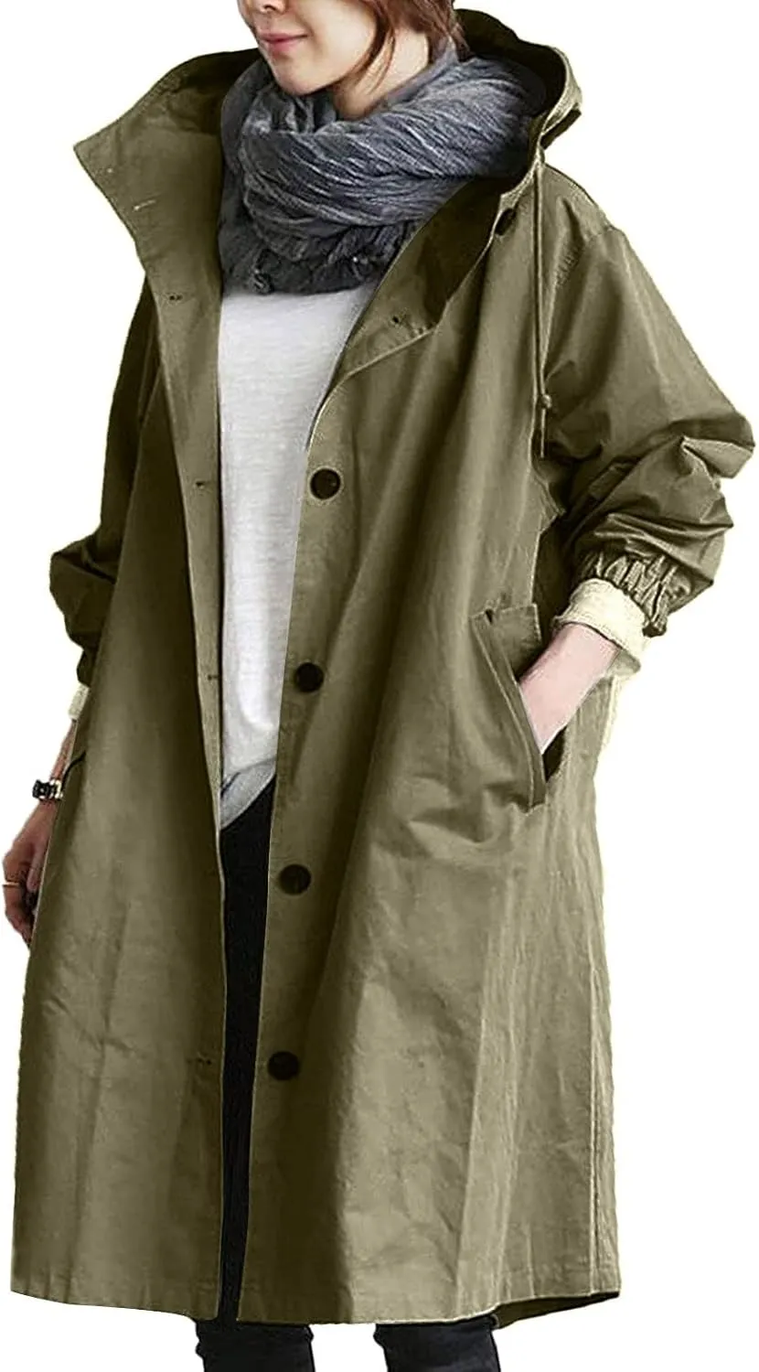 Womens Long Trench Coat Fall/Winter Loose Rain Jackets Plus Size Outdoor Hooded Windbreaker Overcoat with Pockets