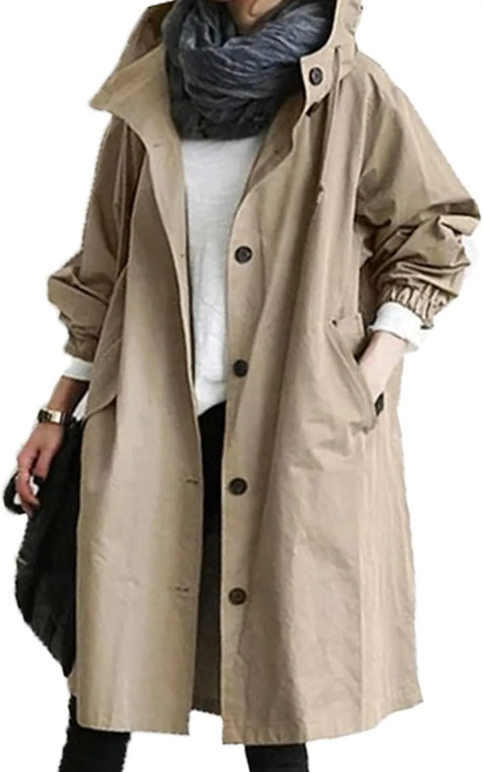 Womens Long Trench Coat Fall/Winter Loose Rain Jackets Plus Size Outdoor Hooded Windbreaker Overcoat with Pockets