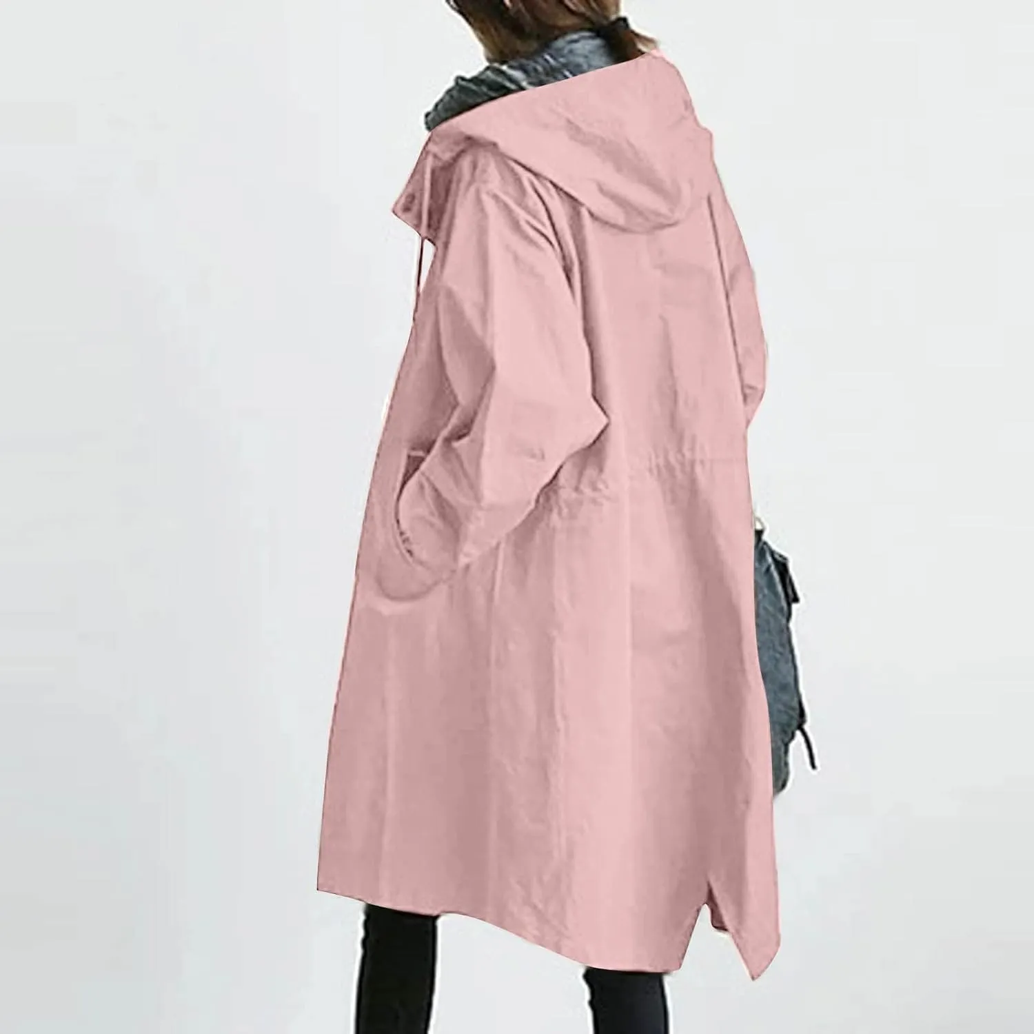 Womens Long Trench Coat Fall/Winter Loose Rain Jackets Plus Size Outdoor Hooded Windbreaker Overcoat with Pockets