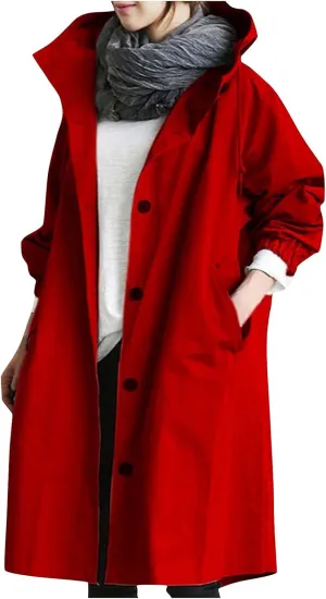 Womens Long Trench Coat Fall/Winter Loose Rain Jackets Plus Size Outdoor Hooded Windbreaker Overcoat with Pockets
