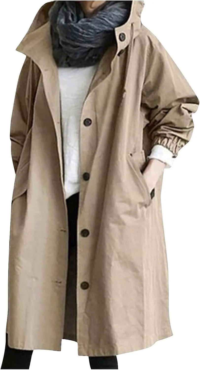 Womens Long Trench Coat Fall/Winter Loose Rain Jackets Plus Size Outdoor Hooded Windbreaker Overcoat with Pockets