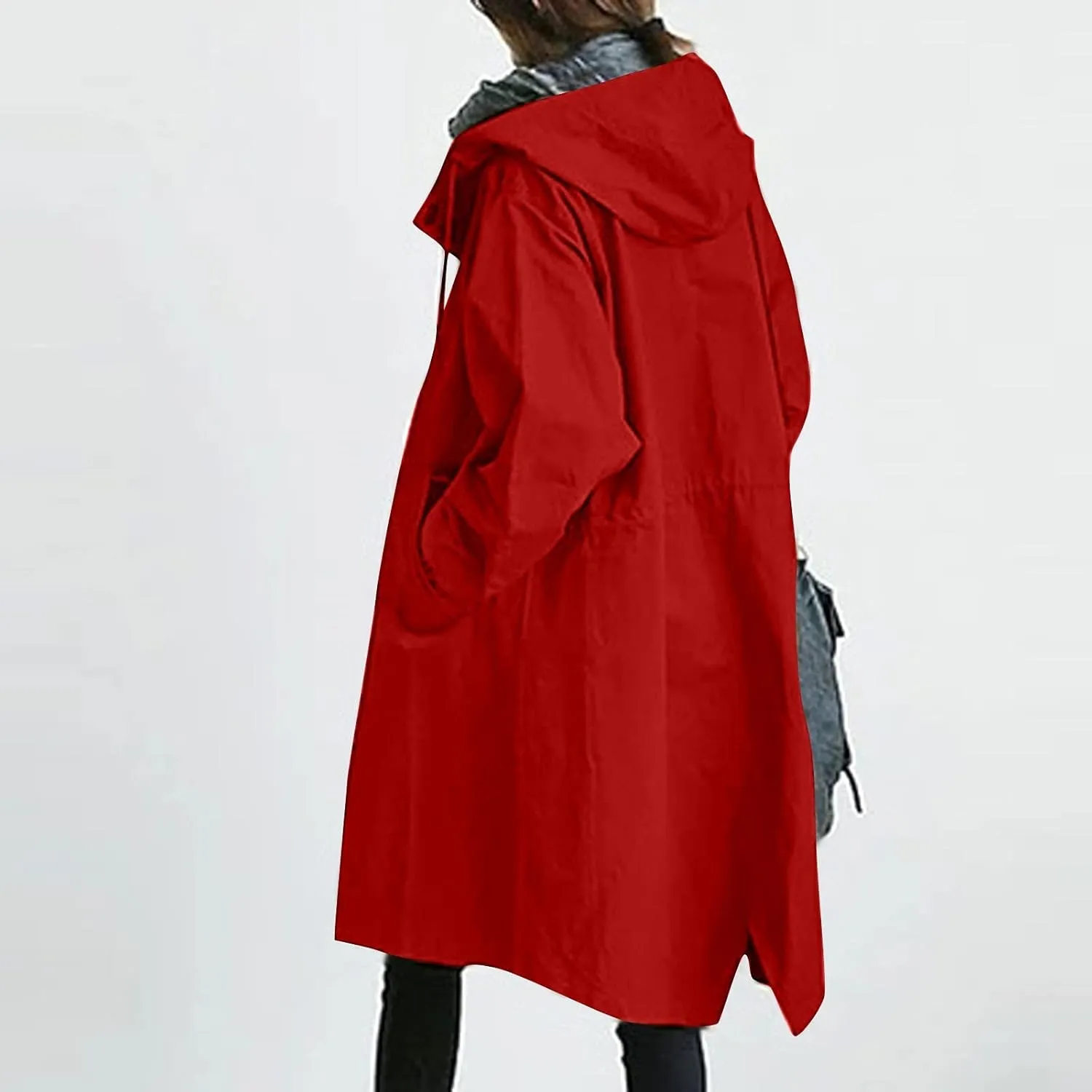 Womens Long Trench Coat Fall/Winter Loose Rain Jackets Plus Size Outdoor Hooded Windbreaker Overcoat with Pockets