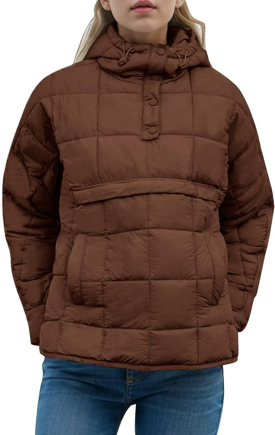 Womens Oversized Pullover Puffer Jacket Long Sleeve Hooded Quilted Dolman Hoodies Lightweight Packable Coat