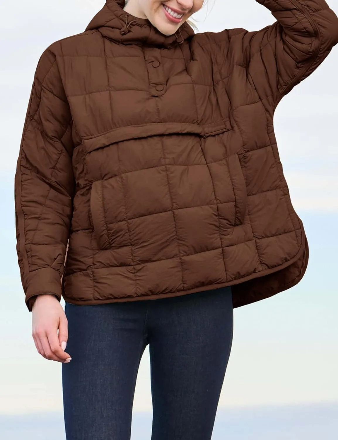 Womens Oversized Pullover Puffer Jacket Long Sleeve Hooded Quilted Dolman Hoodies Lightweight Packable Coat