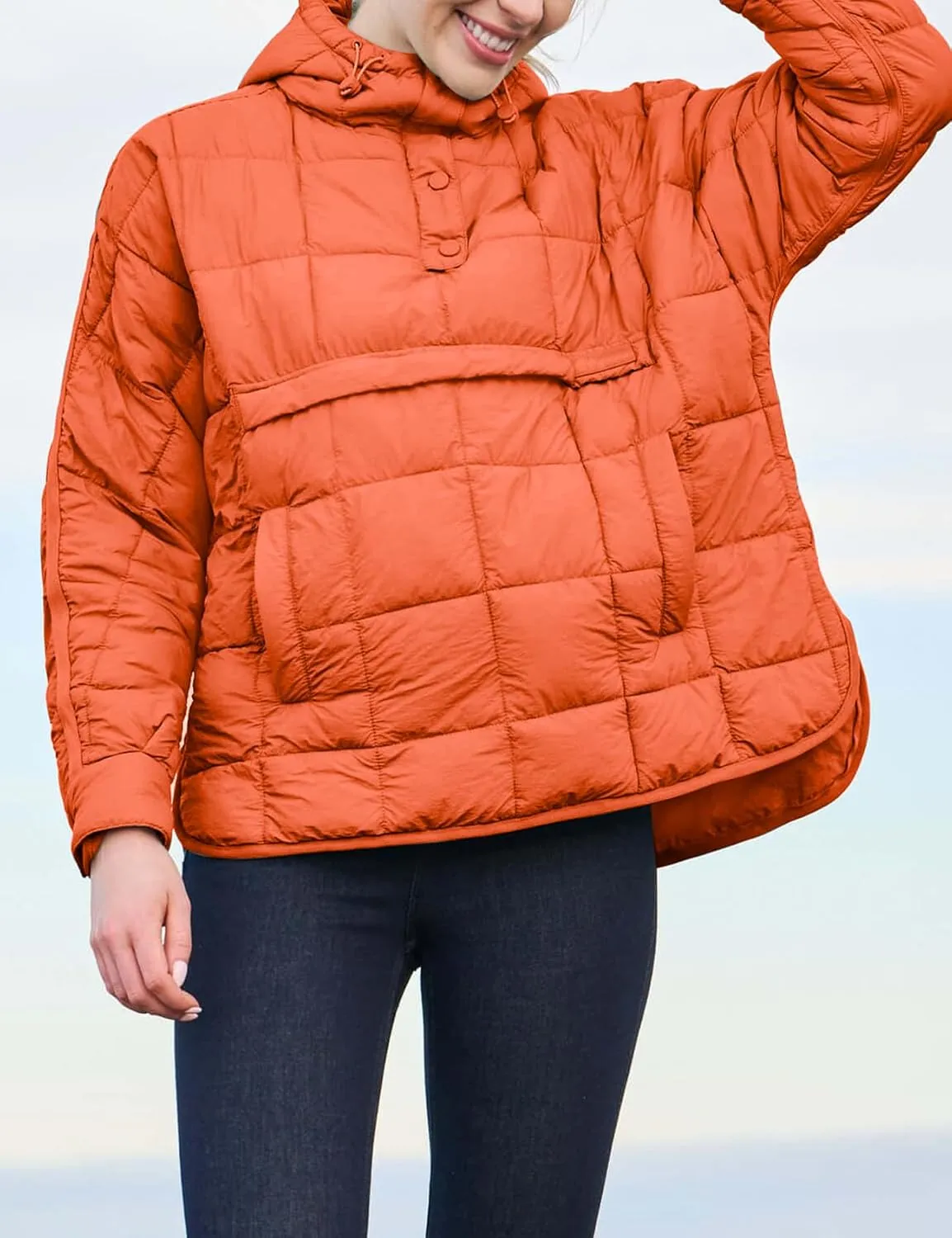 Womens Oversized Pullover Puffer Jacket Long Sleeve Hooded Quilted Dolman Hoodies Lightweight Packable Coat