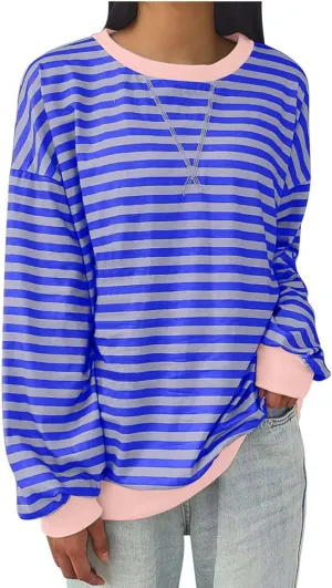 Women's Oversized Sweatshirts 2024 Fall y2k Clothes Casual Striped Pullover Tops Long Sleeve Crewneck Shirts