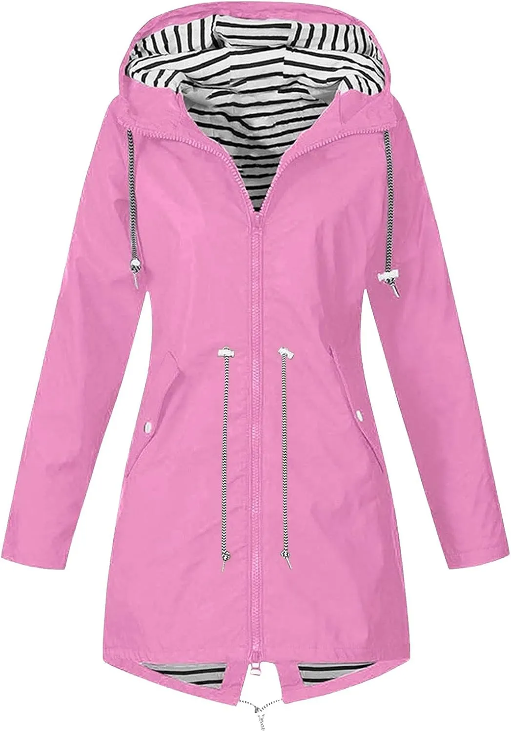 Womens Rain Jacket Lightweight Waterproof Long Hooded Raincoat Striped Lined Hiking Travel Trench Coats Windbreaker