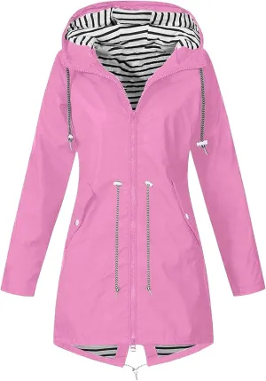 Womens Rain Jacket Lightweight Waterproof Long Hooded Raincoat Striped Lined Hiking Travel Trench Coats Windbreaker