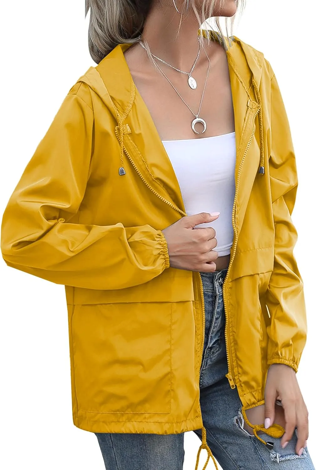 Women's Raincoats Lightweight Waterproof Windproof Adjustable Windbreaker Rain Jackets Hooded with Pockets S-XXL