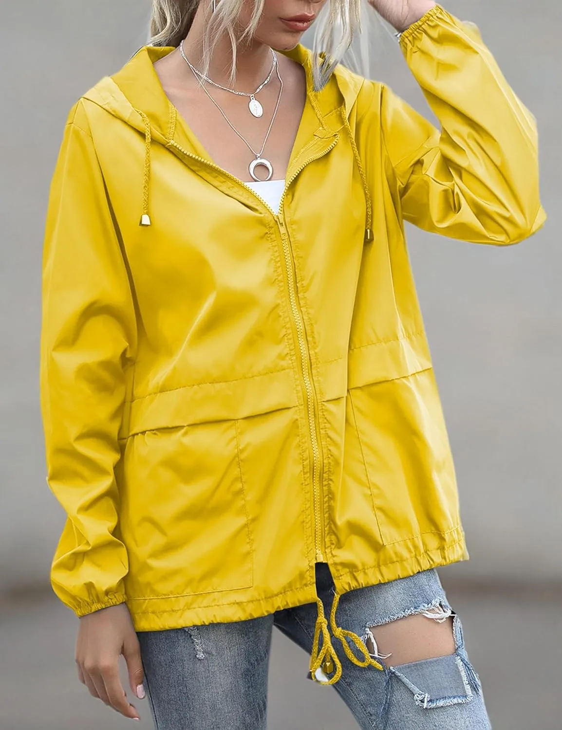 Women's Raincoats Lightweight Waterproof Windproof Adjustable Windbreaker Rain Jackets Hooded with Pockets S-XXL