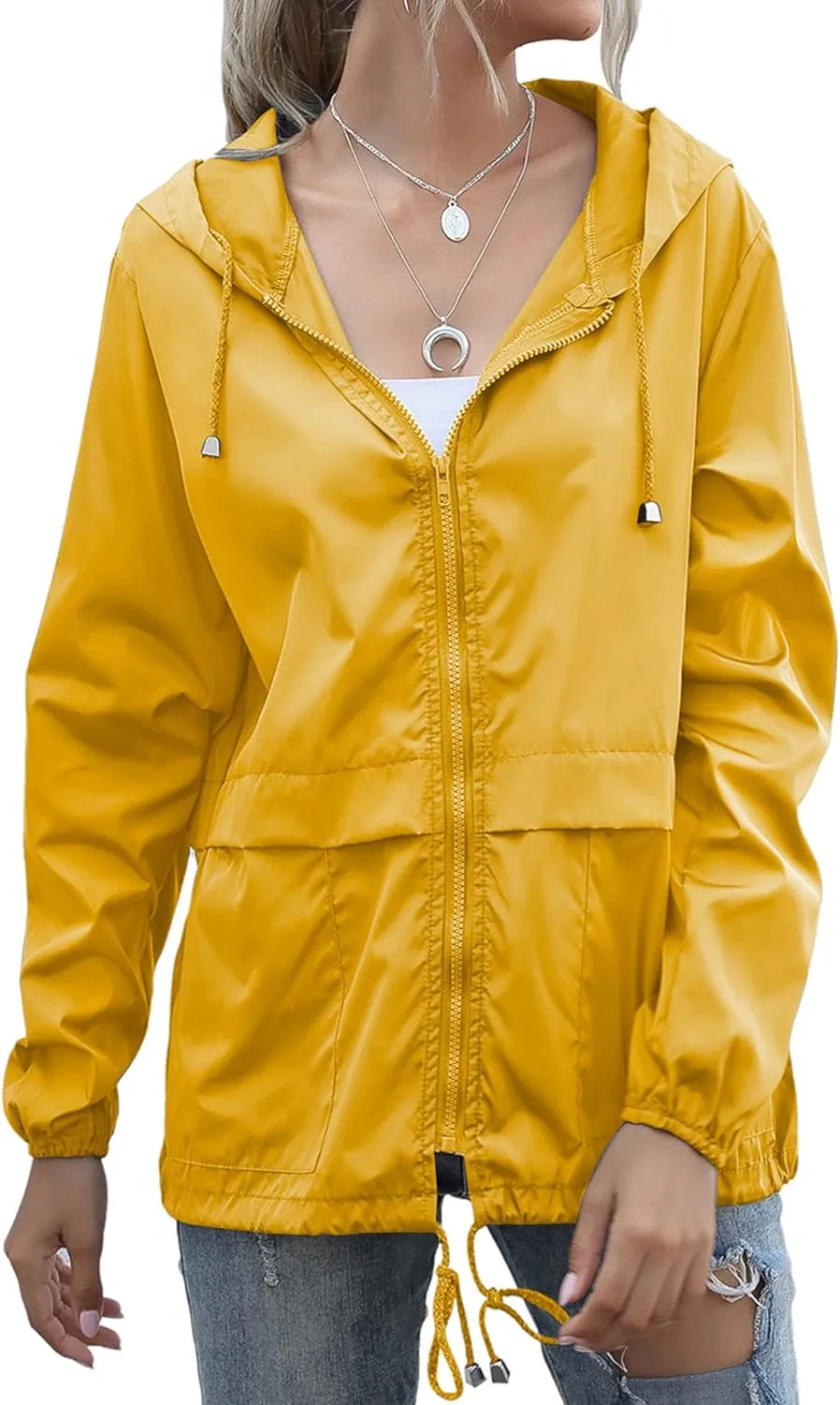 Women's Raincoats Lightweight Waterproof Windproof Adjustable Windbreaker Rain Jackets Hooded with Pockets S-XXL